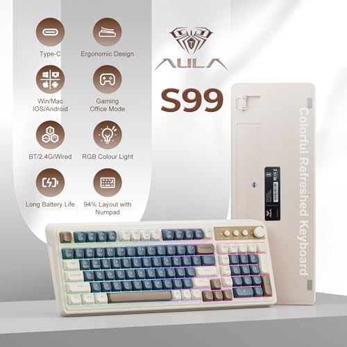 AULA S99 Gaming Keyboard, Wireless Computer Keyboards, Tri-Mode Bluetooth/2.4GHz/USB-C Custom Creamy Keyboard with Number Pad, RGB Backlit Media Knob Cute Programmable Keyboard for PC Gamer - Green - Image 2