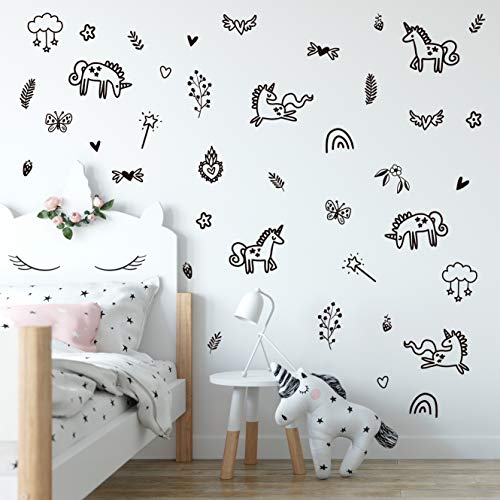 The Boho Design Unicorns and Rainbows Wall Decals Peel and Stick for Kids, Baby Bedroom Nursery and Living Room. 40 pcs Vinyl Wall Stickers Decor (Black) - Image 1
