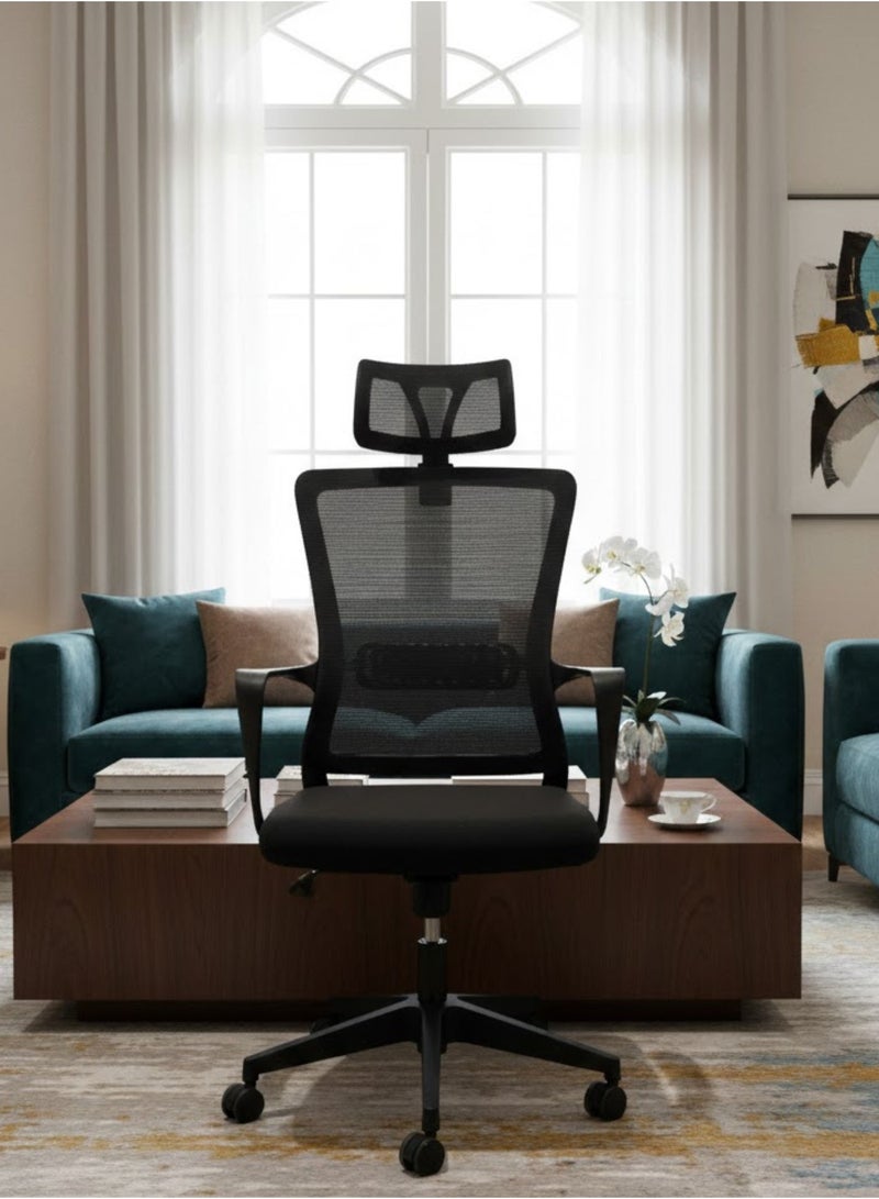Furalux Black High Back Ergonomic Executive Office Chair with Headrest | Modern Breathable Mesh Desk Chair | 360° Swivel, Adjustable Height & Lumbar Support | Comfortable Computer Chair for Home & Office - Image 3
