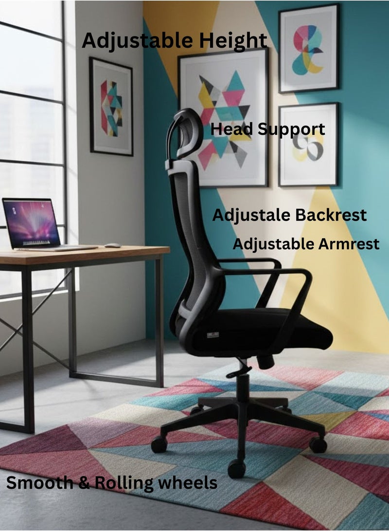 Furalux Black High Back Ergonomic Executive Office Chair with Headrest | Modern Breathable Mesh Desk Chair | 360° Swivel, Adjustable Height & Lumbar Support | Comfortable Computer Chair for Home & Office - Image 2