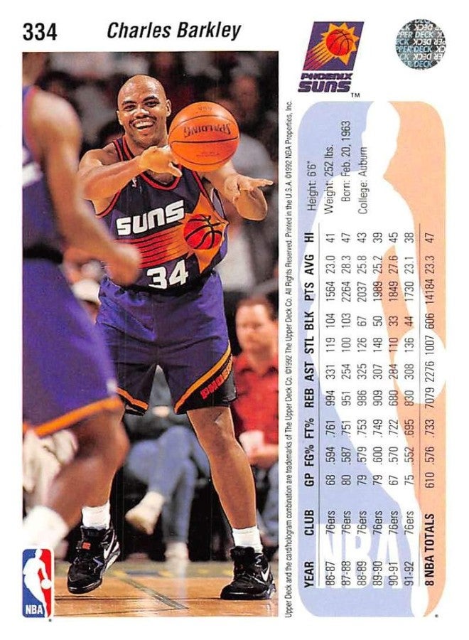 Upper Deck 1992-93 Upper Deck Basketball High Series (Text and Logo Hologram) #334 Charles Barkley Phoenix Suns Official UD NBA Trading Card - Image 2