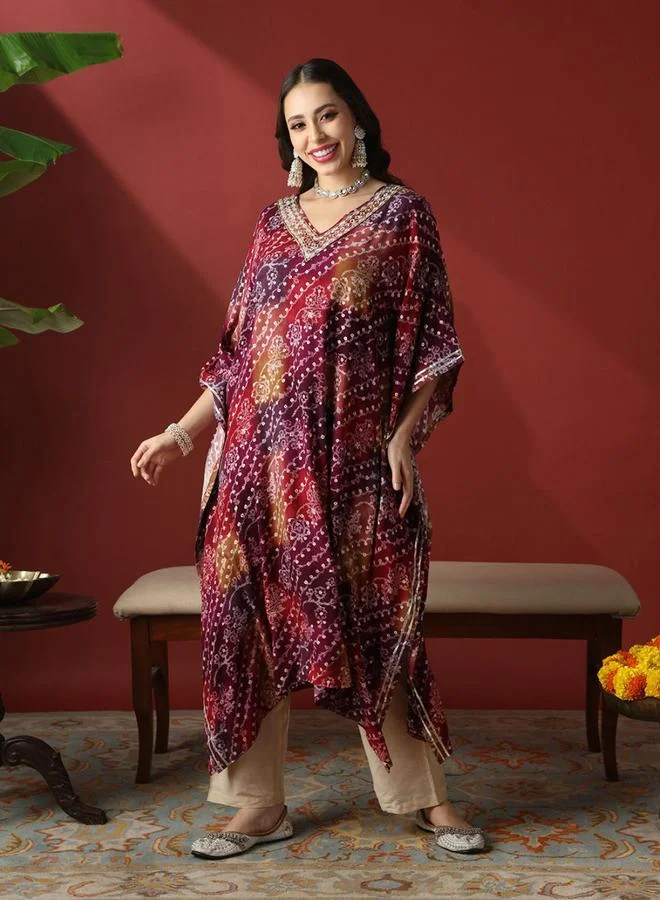 globus Zari Embroidered Ethnic Print Gotta Patti Fusion Kaftan Kurta