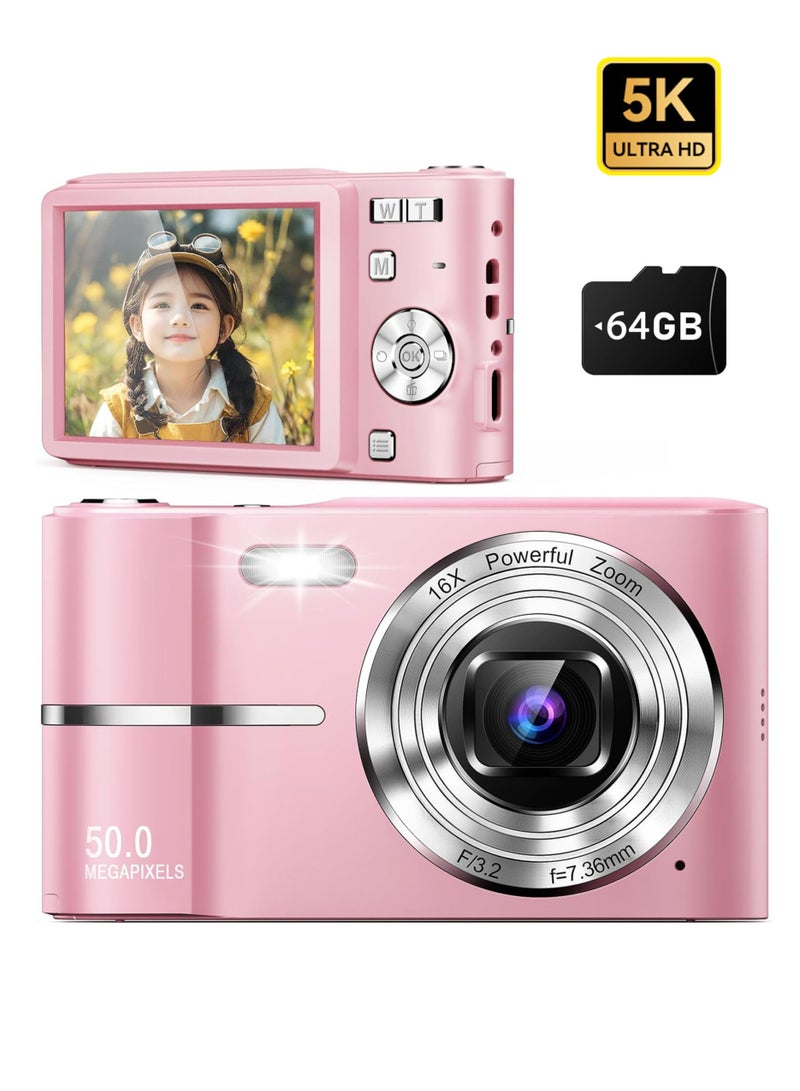 جورفنت كاميرا رقمية 5K، كاميرا رقمية بدقة 50 ميجابكسل للتصوير الفوتوغرافي، كاميرا تسجيل فيديو مع بطاقة SD سعة 64 جيجابايت، كاميرات رقمية 16X لليوتيوب مع شاشة قلابة 2.4 بوصة 180 درجة، عدسة واسعة الزاوية وماكرو، كاميرا سفر صغيرة مضادة للاهتزاز كهدية للمبتدئين - Image 1