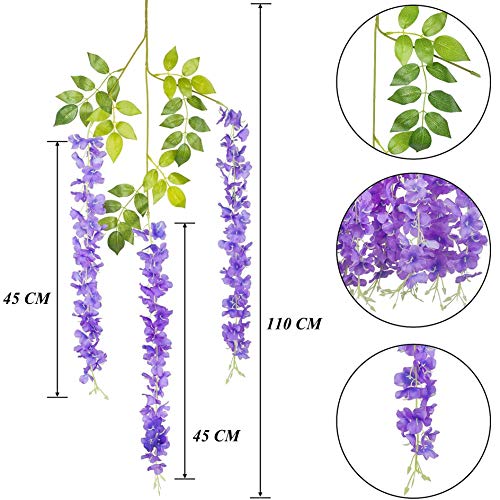 Tdas Artificial Flower Wisteria Hanging Vine for Home Decoration Plants Plastic Flowers Decor Items Decorative Bunch Creepers Garlands Leaves Wedding Room, 110 CM (Purple, 12) - Image 2