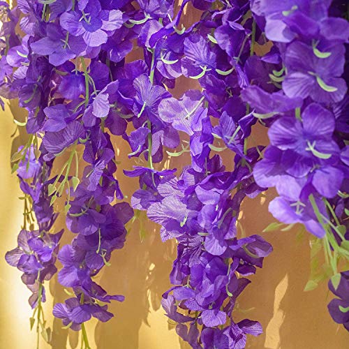 Tdas Artificial Flower Wisteria Hanging Vine for Home Decoration Plants Plastic Flowers Decor Items Decorative Bunch Creepers Garlands Leaves Wedding Room, 110 CM (Purple, 12) - Image 4