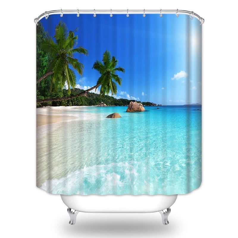 Biysuc Ocean Beach Surtain Blue Sky Tropical Tropical Sand Sand Wave Plam Plam Shotes Seaside Scene Place Place Polyester Fabrice Decor - Image 2