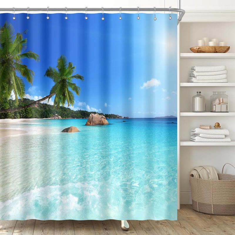 Biysuc Ocean Beach Surtain Blue Sky Tropical Tropical Sand Sand Wave Plam Plam Shotes Seaside Scene Place Place Polyester Fabrice Decor - Image 4