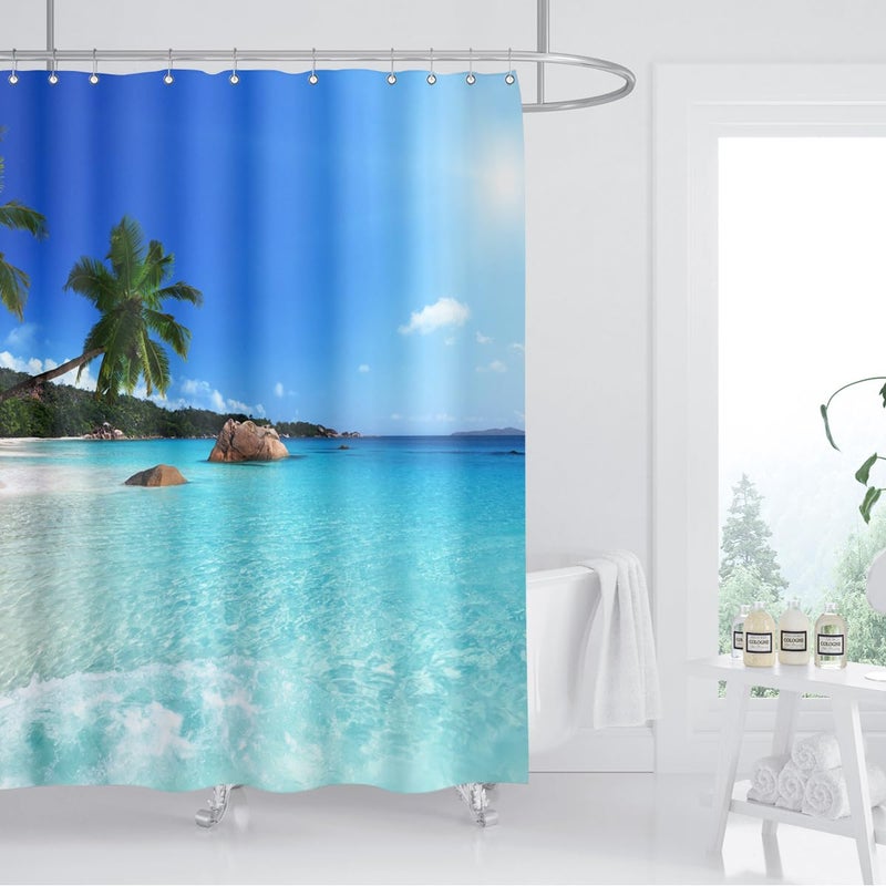 Biysuc Ocean Beach Surtain Blue Sky Tropical Tropical Sand Sand Wave Plam Plam Shotes Seaside Scene Place Place Polyester Fabrice Decor - Image 3