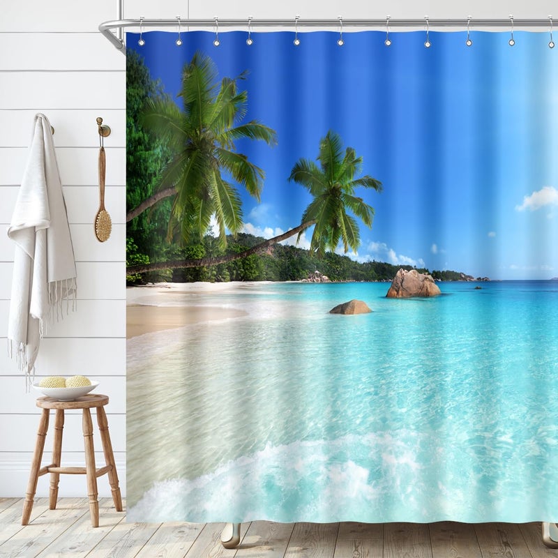 Biysuc Ocean Beach Surtain Blue Sky Tropical Tropical Sand Sand Wave Plam Plam Shotes Seaside Scene Place Place Polyester Fabrice Decor - Image 5