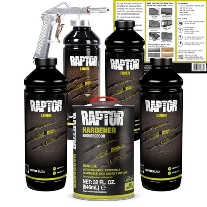 U-POl Raptor Black Urethane Spray-On Truck Bed Liner Kit, Protective Paint With Spray Gun, For Tailgates & Trucks, Vehicle Undercoating, 4 Litres - Image 1