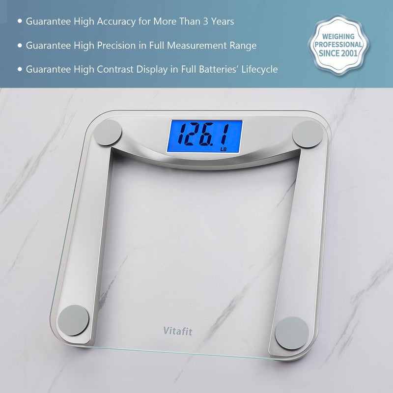 Vitafit Digital Body Weight Bathroom Scale Weighing Scale with Step-On Technology,Extra Large Blue Backlit Display and Batteries Included, 400 Pounds,Clear Glass - Image 2