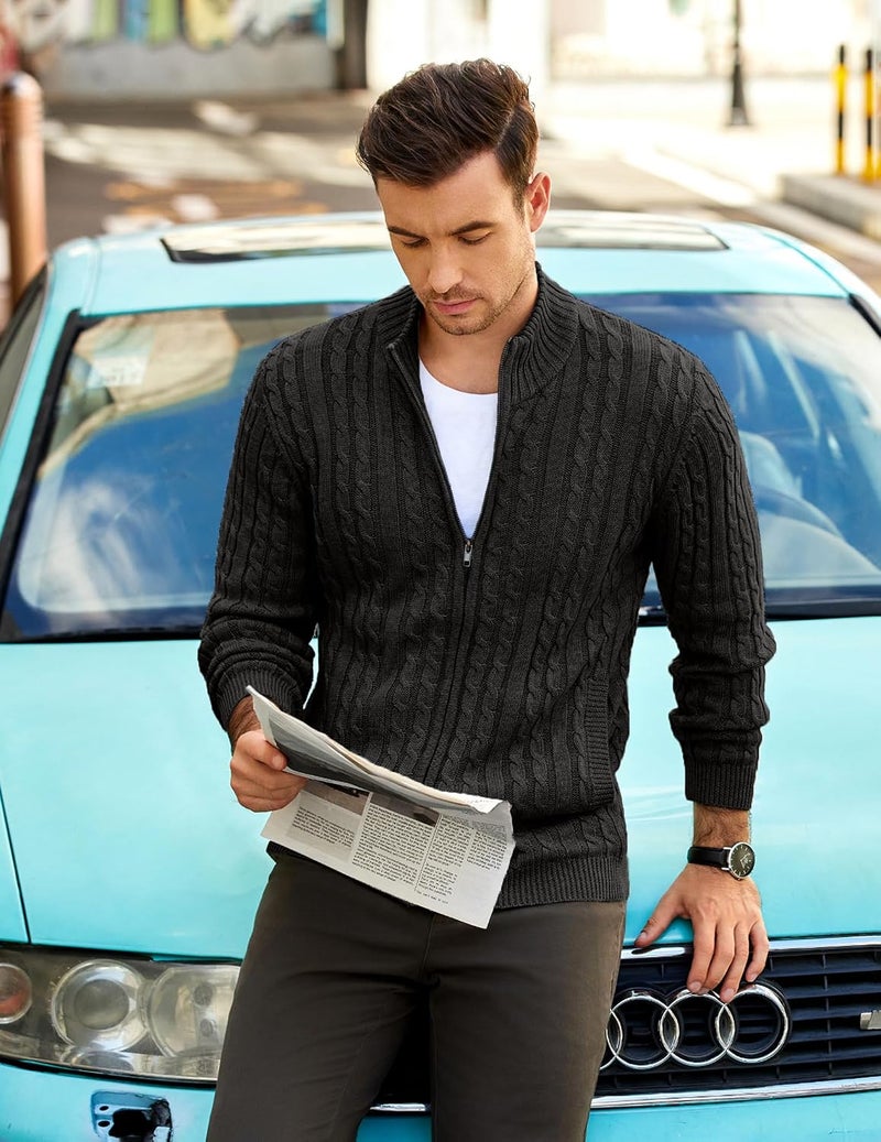 COOFANDY Men's Full Zip Cardigan Sweater - Slim Fit Cable Knitted Zip Up with Pockets, Black, 3XL - Image 3