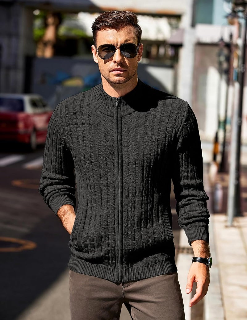 COOFANDY Men's Full Zip Cardigan Sweater - Slim Fit Cable Knitted Zip Up with Pockets, Black, 3XL - Image 2