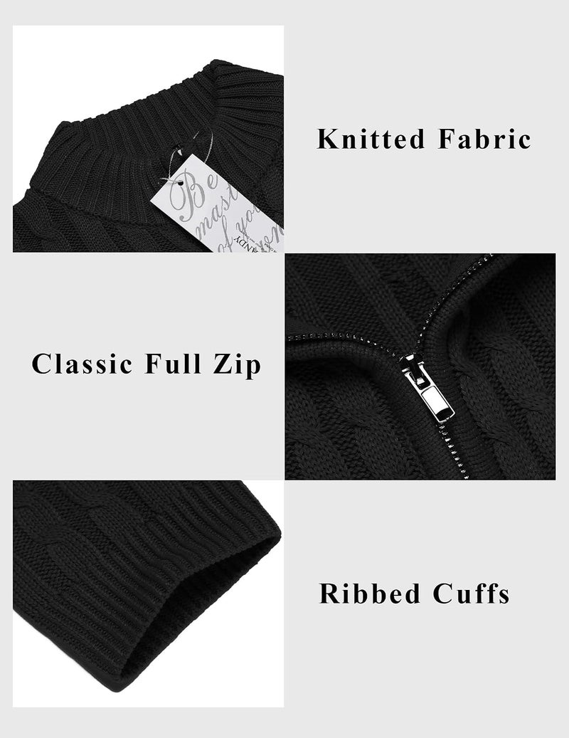 COOFANDY Men's Full Zip Cardigan Sweater - Slim Fit Cable Knitted Zip Up with Pockets, Black, 3XL - Image 5