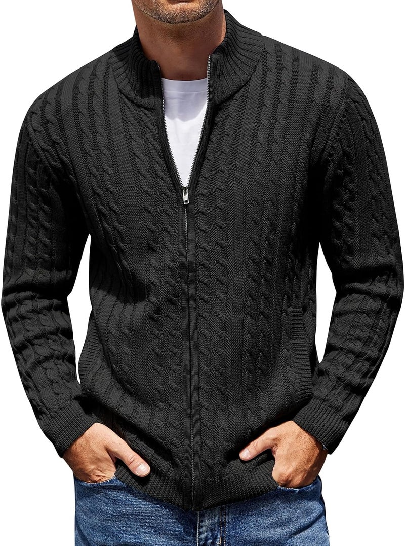COOFANDY Men's Full Zip Cardigan Sweater - Slim Fit Cable Knitted Zip Up with Pockets, Black, 3XL - Image 1