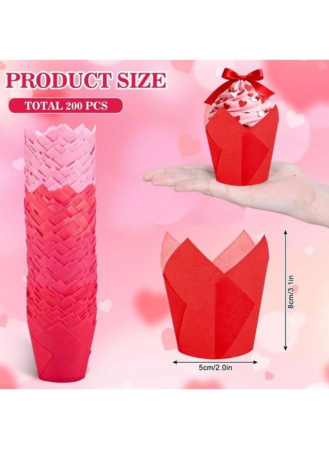 Whaline 200Pcs Valentine's Day Tulip Cupcake Liners Muffin Baking Cups Gradient Red Pink Cupcake Wrappers for Wedding Anniversary Party Supplies Table Decor - Image 2