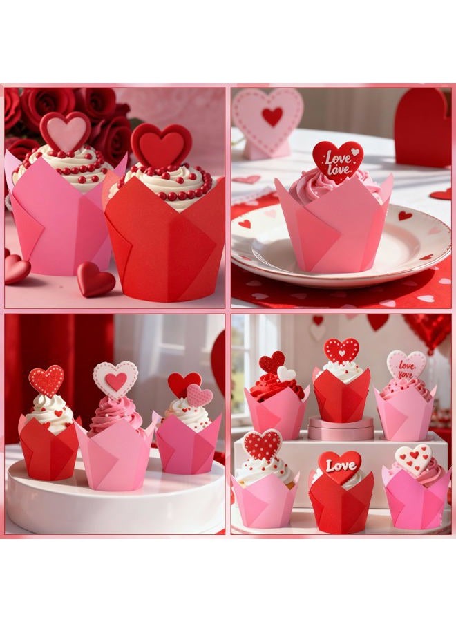 Whaline 200Pcs Valentine's Day Tulip Cupcake Liners Muffin Baking Cups Gradient Red Pink Cupcake Wrappers for Wedding Anniversary Party Supplies Table Decor - Image 5