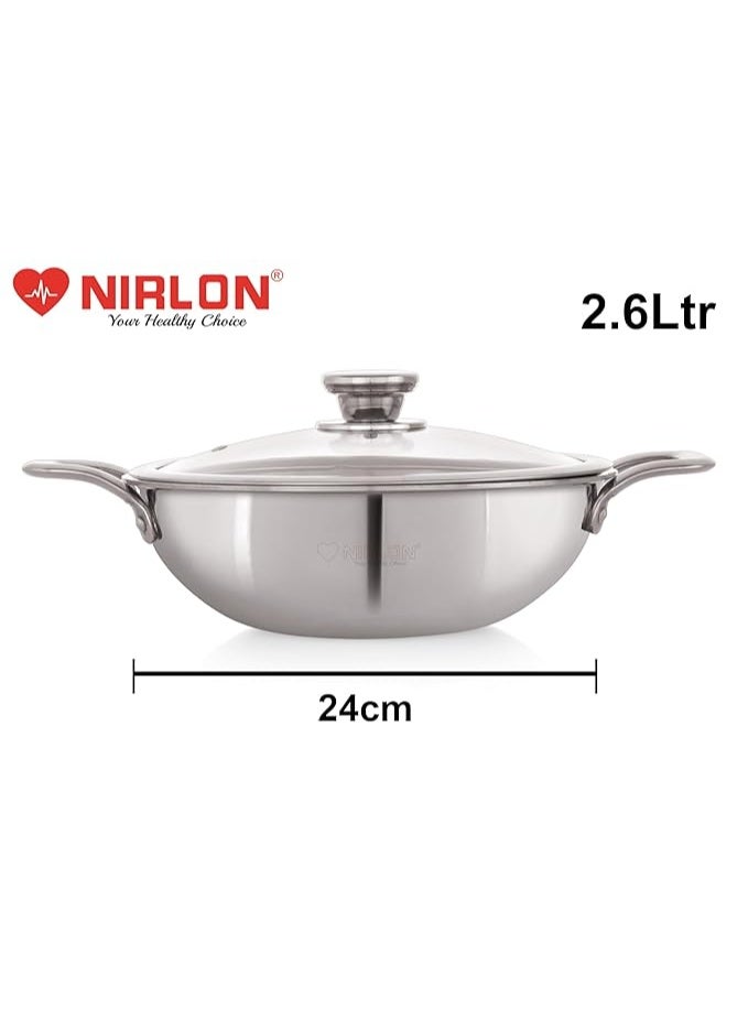 NIRLON Prima Honeycomb Stick Free Triply Stainless Steel Cookware Combo Set of 2Pc |Deep Kadai 20cm-1.6Ltr/Deep Kadai 24cm-2.6Ltr|Glass Lid|Induction and Gas Stove Friendly - Image 3