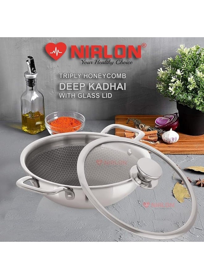 NIRLON Prima Honeycomb Stick Free Triply Stainless Steel Cookware Combo Set of 2Pc |Deep Kadai 20cm-1.6Ltr/Deep Kadai 24cm-2.6Ltr|Glass Lid|Induction and Gas Stove Friendly - Image 4