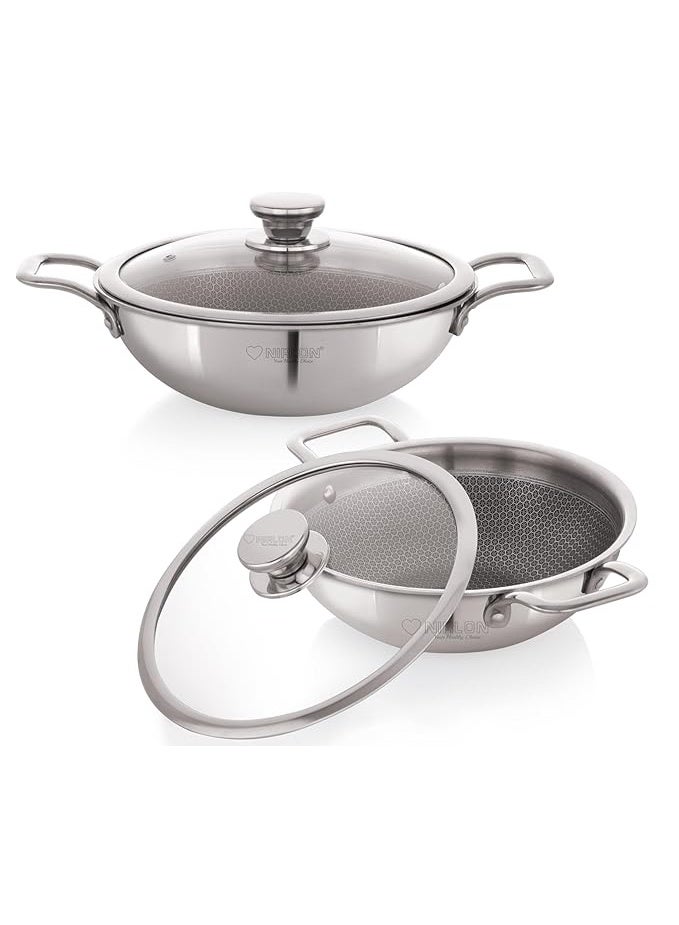 NIRLON Prima Honeycomb Stick Free Triply Stainless Steel Cookware Combo Set of 2Pc |Deep Kadai 20cm-1.6Ltr/Deep Kadai 24cm-2.6Ltr|Glass Lid|Induction and Gas Stove Friendly - Image 1