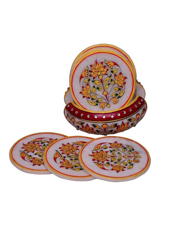 Purpledip Indian Gift Item: Handpainted Marble Coasters, Set of 6 in a Marble Holder (10569) - Image 1
