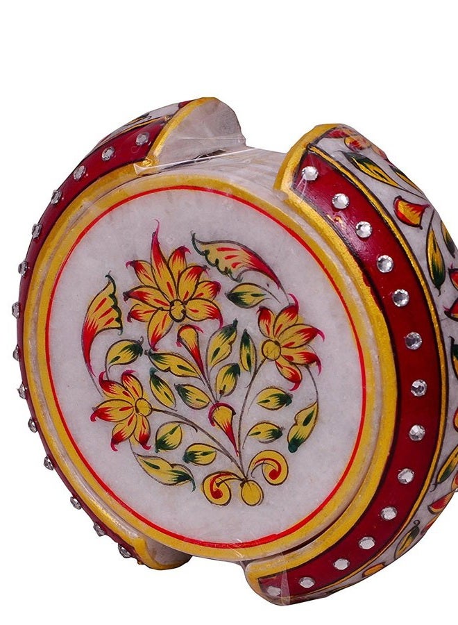 Purpledip Indian Gift Item: Handpainted Marble Coasters, Set of 6 in a Marble Holder (10569) - Image 2