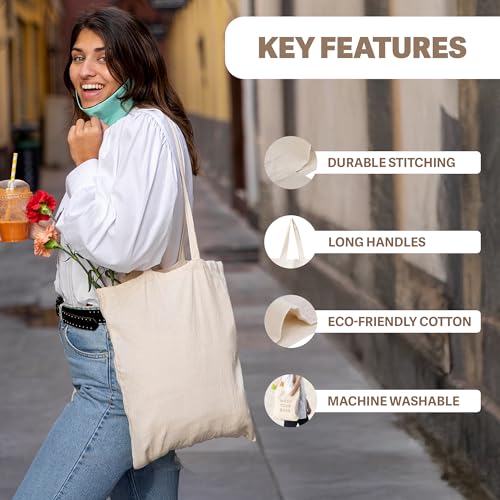 Metsi Reusable Canvas Cotton Tote Bag, 15x16, 11" Drop Handle, 100% Natural Cotton Tote Bag, Eco-Friendly, Durable, Washable Cloth Tote for Shopping, Book, Travel & Everyday Use, Pack of 2 - Image 5