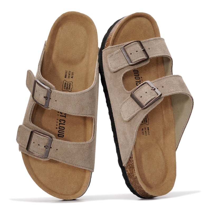 Project Cloud 100% Genuine Leather Flat Sandals For Women 2026 Cork Footbed Womens Sandals with Memory Foam and arch support Vacation Essentials Slides for Women Footwear (Venita,DRIFTSUEDE,8.5)