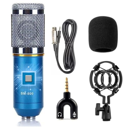 TECHBLAZE BM800 Condenser Microphone Set with Shock Mount 3.5mm XLR Cable Windproof Cotton & U Shape Audio Splitter for starmaker Smuel Singing Studio Recording YouTube (BM 800 Blue) - Image 1