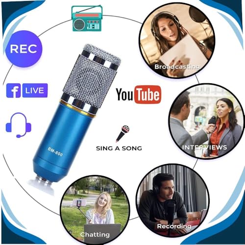 TECHBLAZE BM800 Condenser Microphone Set with Shock Mount 3.5mm XLR Cable Windproof Cotton & U Shape Audio Splitter for starmaker Smuel Singing Studio Recording YouTube (BM 800 Blue) - Image 3