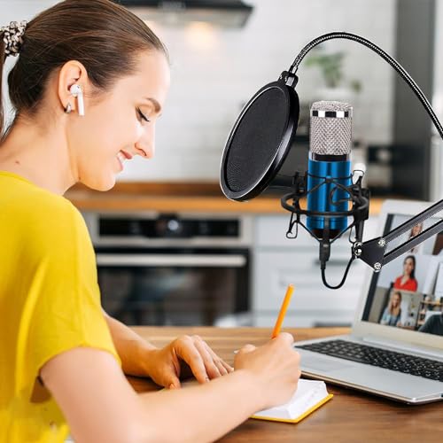 TECHBLAZE BM800 Condenser Microphone Set with Shock Mount 3.5mm XLR Cable Windproof Cotton & U Shape Audio Splitter for starmaker Smuel Singing Studio Recording YouTube (BM 800 Blue) - Image 4