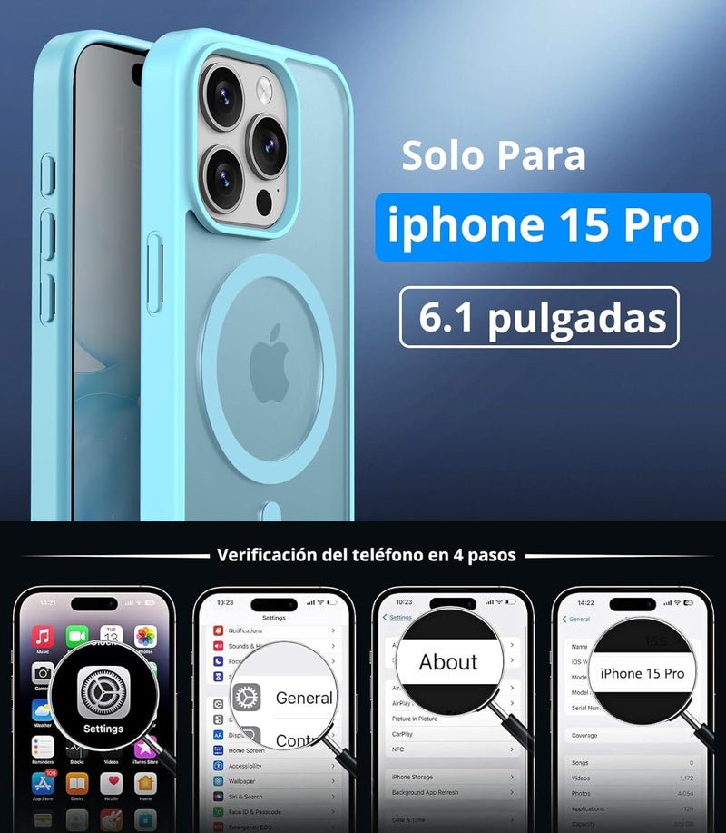 حافظة مغناطيسية لـ iPhone 15 Pro مع زجاج واقي واحد، متوافقة مع Magsafe، حماية من السقوط وفق المعايير العسكرية، ظهر غير لامع شفاف، حافظة هاتف مقاومة للصدمات، أزرق فاتح - Image 4
