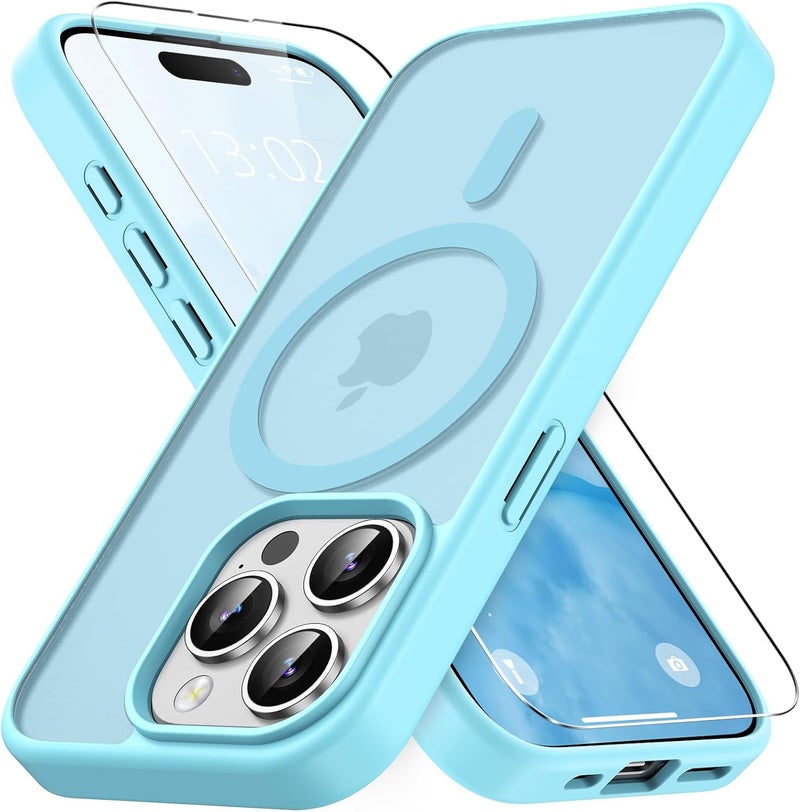 حافظة مغناطيسية لـ iPhone 15 Pro مع زجاج واقي واحد، متوافقة مع Magsafe، حماية من السقوط وفق المعايير العسكرية، ظهر غير لامع شفاف، حافظة هاتف مقاومة للصدمات، أزرق فاتح - Image 1