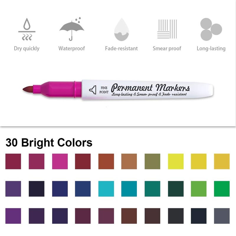 Lelix 30 Colors Permanent Markers, Fine Point, Assorted Colors, Works on Plastic,Wood,Stone,Metal and Glass for Kids Adult Coloring Doodling Marking - Image 3