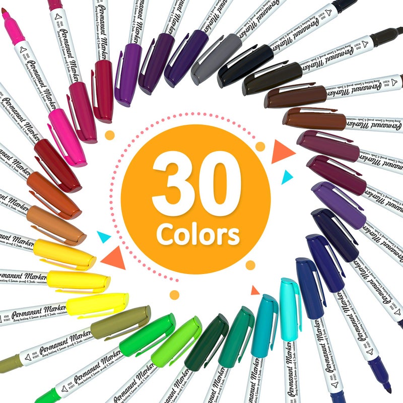 Lelix 30 Colors Permanent Markers, Fine Point, Assorted Colors, Works on Plastic,Wood,Stone,Metal and Glass for Kids Adult Coloring Doodling Marking - Image 2