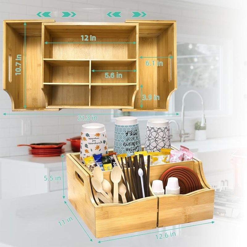WRINGKIT Coffee Station Organizer for Countertop, Bamboo Coffee Bar Condiment Organizer, Extendable Tea Condiment Storage for Bar Decor, Kitchen, Office, 7 Compartment - Image 2