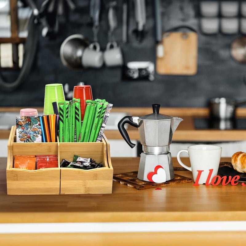 WRINGKIT Coffee Station Organizer for Countertop, Bamboo Coffee Bar Condiment Organizer, Extendable Tea Condiment Storage for Bar Decor, Kitchen, Office, 7 Compartment - Image 5