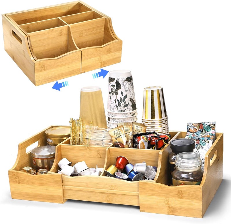 WRINGKIT Coffee Station Organizer for Countertop, Bamboo Coffee Bar Condiment Organizer, Extendable Tea Condiment Storage for Bar Decor, Kitchen, Office, 7 Compartment - Image 1