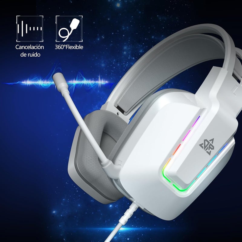 OMIRE Gaming Headset for PS5, PS4, Xbox Series X|S, Xbox One, PC, Switch, Mac - RGB Over-Ear Headphones with Noise Cancelling Mic, 50mm Drivers & Memory Earmuffs -3.5MM Wire(White Gaming Headphones) - Image 2