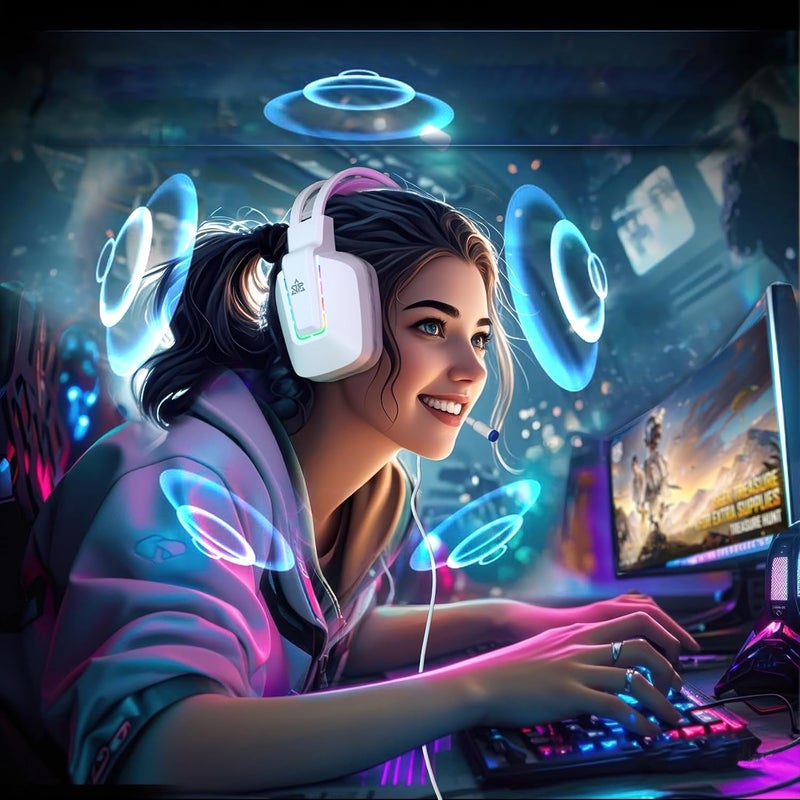 OMIRE Gaming Headset for PS5, PS4, Xbox Series X|S, Xbox One, PC, Switch, Mac - RGB Over-Ear Headphones with Noise Cancelling Mic, 50mm Drivers & Memory Earmuffs -3.5MM Wire(White Gaming Headphones) - Image 5