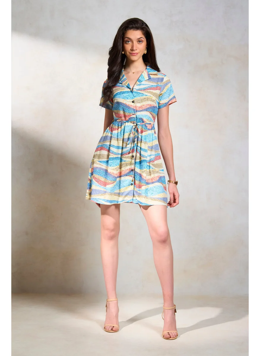 فيرجيو Virgio Abstract Printed Lapel Collar Shirt Dress