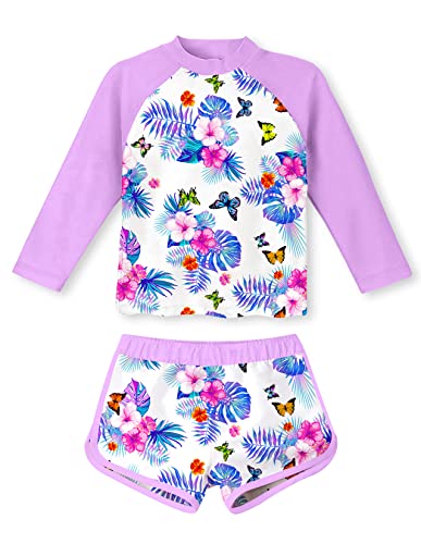 TUONROAD Girls Rash Guard 2-Piece Swimsuit Set Teens 5 6 Yrs Old Hawaiian Style O Neck Long Sleeve Bikini with UPF 50+ Sun Protection for Pool Party Flower - Image 1