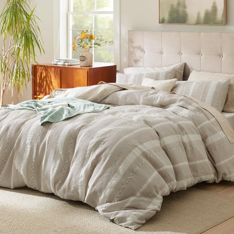 Bedsure Waffle Weave Duvet Cover Queen - 100% Cotton Boho Duvet Cover with 2 Pillowcases - Linen Color Textured Comforter Cover with Zipper Closure (Queen, 90"x90") - Image 2