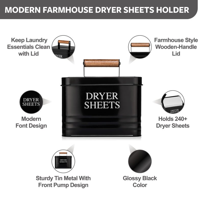 Calindiana Modern Farmhouse Metal Laundry Dryer Sheets Holder Fabric Softener Dispenser with Lid for Laundry Room Decor and Accessories and Space Saving Laundry Organization and Storage, Glossy Black - Image 2