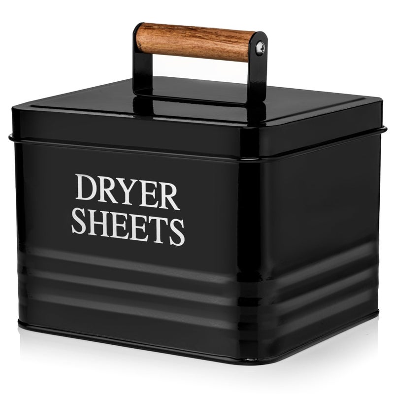 Calindiana Modern Farmhouse Metal Laundry Dryer Sheets Holder Fabric Softener Dispenser with Lid for Laundry Room Decor and Accessories and Space Saving Laundry Organization and Storage, Glossy Black - Image 1