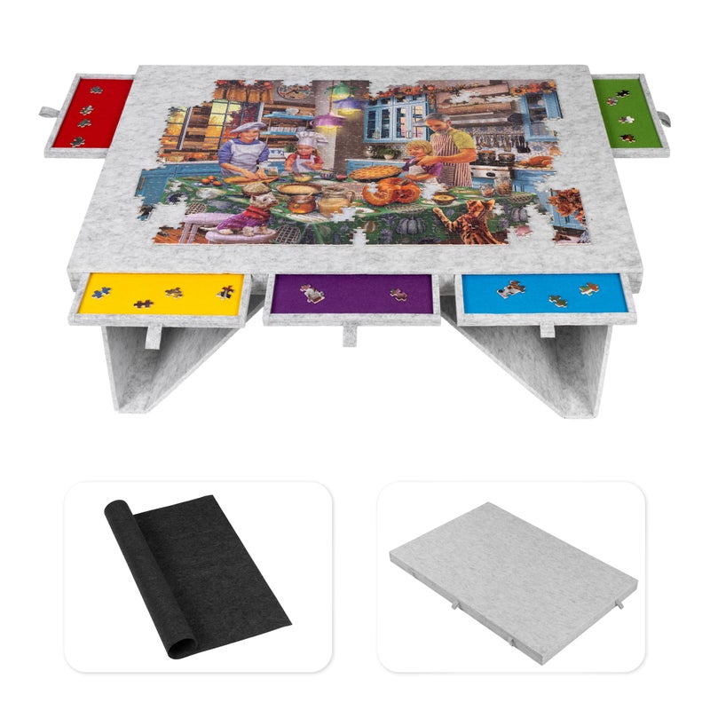 Tektalk Felt Jigsaw Puzzle Board with 5 Colored Drawers, Portable Puzzle Table for Adults, Super Lightweight Plateau with Cover, Storing for 1500, 1000, 500 Jigsaw Puzzle Pieces (Light Gray) - Image 1