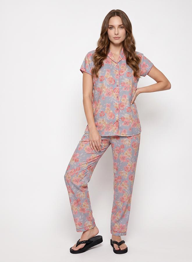 Mish Grey Floral Cotton Shirt and Pyjama Set - Image 5