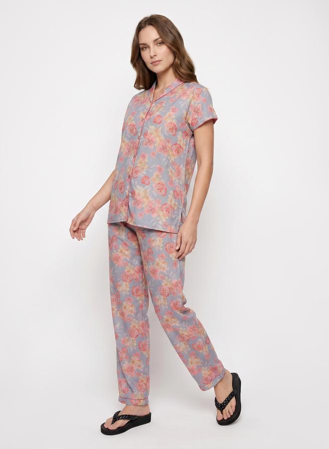 Mish Grey Floral Cotton Shirt and Pyjama Set - Image 3