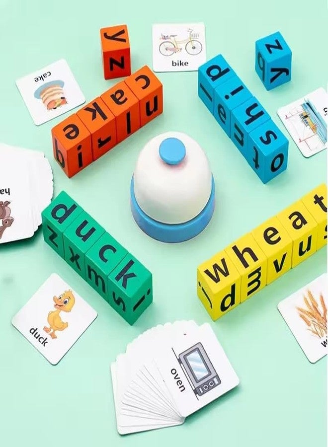PIXELERA Educational Wooden Alphabet Spelling Game,16 Wooden Alphabets Cubes, 40 Flashcards, Letter Blocks and Bell, Learning Toy - Image 1