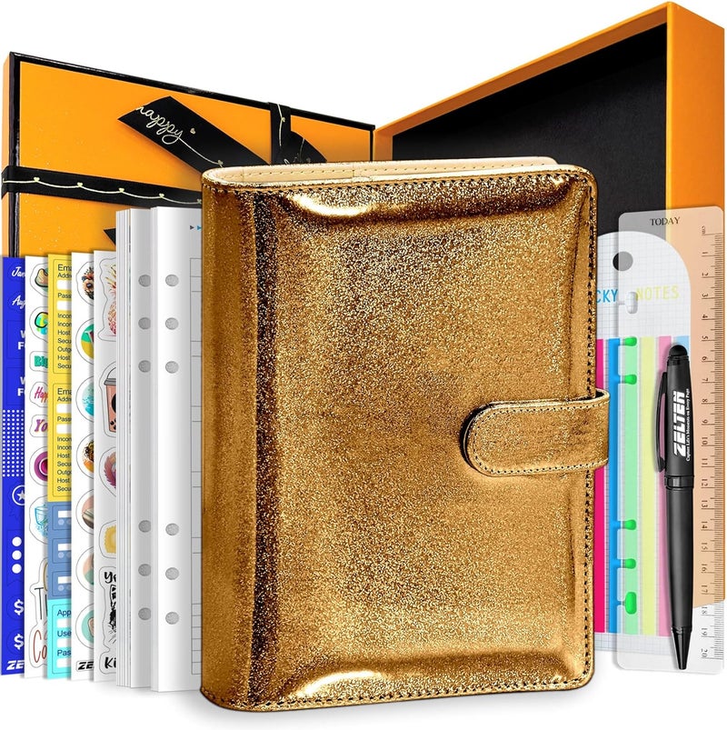 Zelten PU Leather Personal Notebook Planner with 67 Pages Loose-Leaf Papers 6 Holes Ring Binder Pen Holder Magnetic Buckle (Brown Glitter,A5 Gift Box) - Image 1